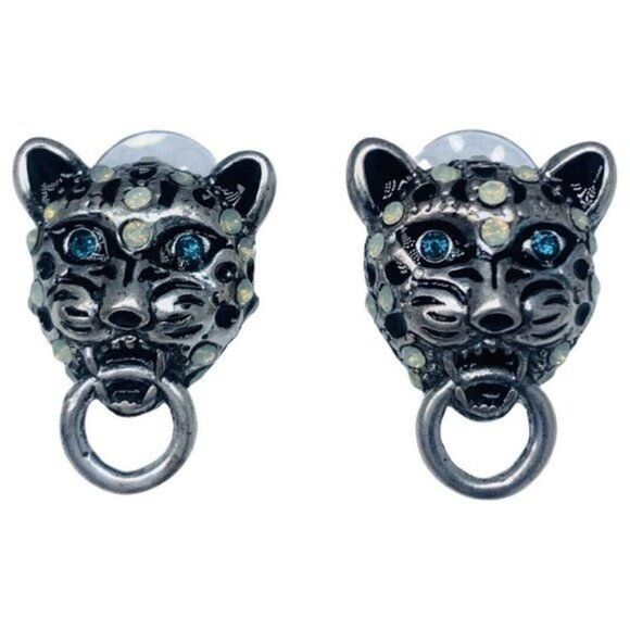 Betsey Johnson WHITEOUT Crystal Snow Leopard Door Knocker Button Stud Earrings - Picture 1 of 9